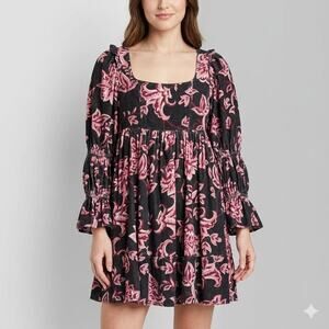 MAHILA Anthropologie Mini Dress XS Smocked Puff Sleeve Corduroy Pink Black Boho